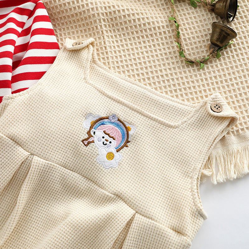 Baby Striped Pattern Shirt Combo Cartoon Graphic Corduroy Fabric Strap Onesies Sets