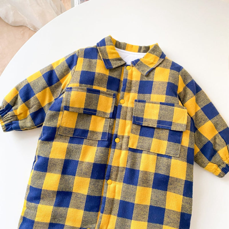 Baby Boy Plaid Pattern Snap Button Front Long-sleeved Thick Rompers