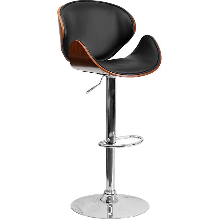 Walnut Bentwood Adjustable Height Barstool with Curved Back and Black Vinyl Seat