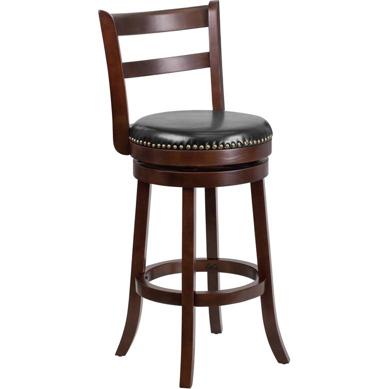 30'' High Cappuccino Wood Barstool with Single Slat and Black Swivel Seat