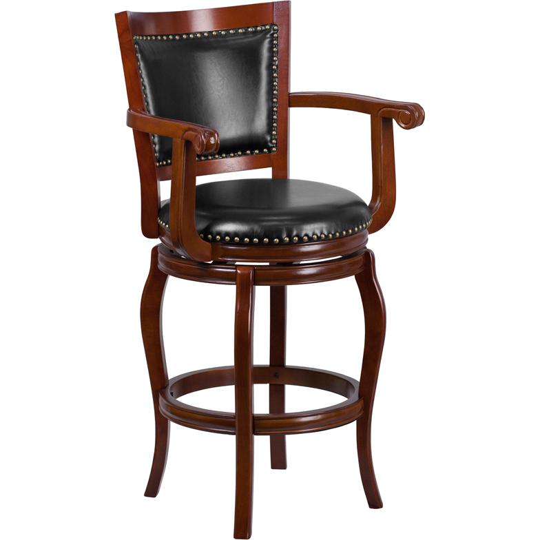 30'' High Cherry Wood Barstool with Arms, Panel Back and Black Swivel Seat