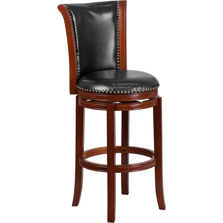 30'' High Dark Chestnut Wood Barstool with Panel Back and Black Swivel Seat