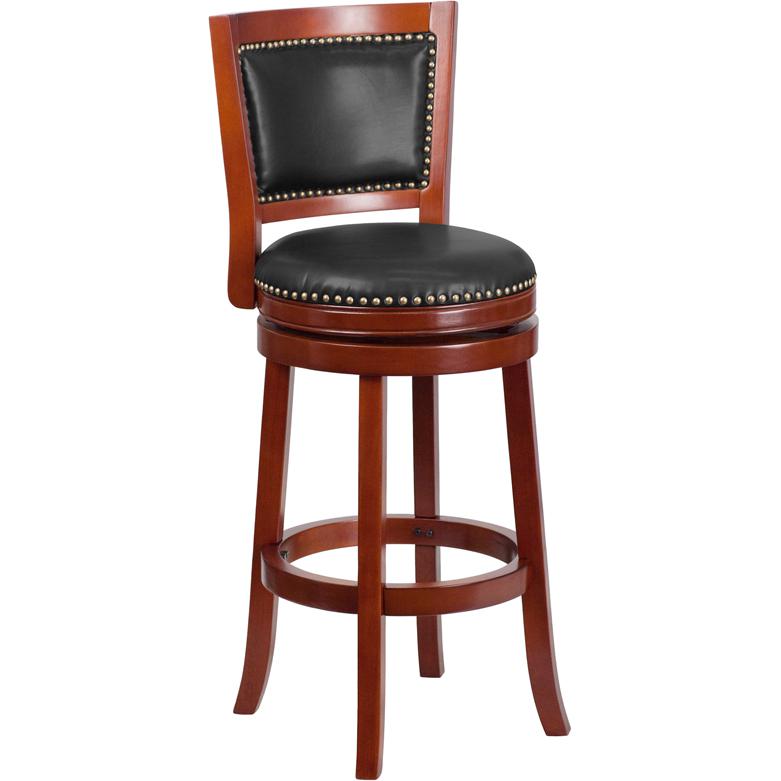 30'' High Dark Cherry Wood Barstool with Open Panel Back and Walnut Swivel Seat