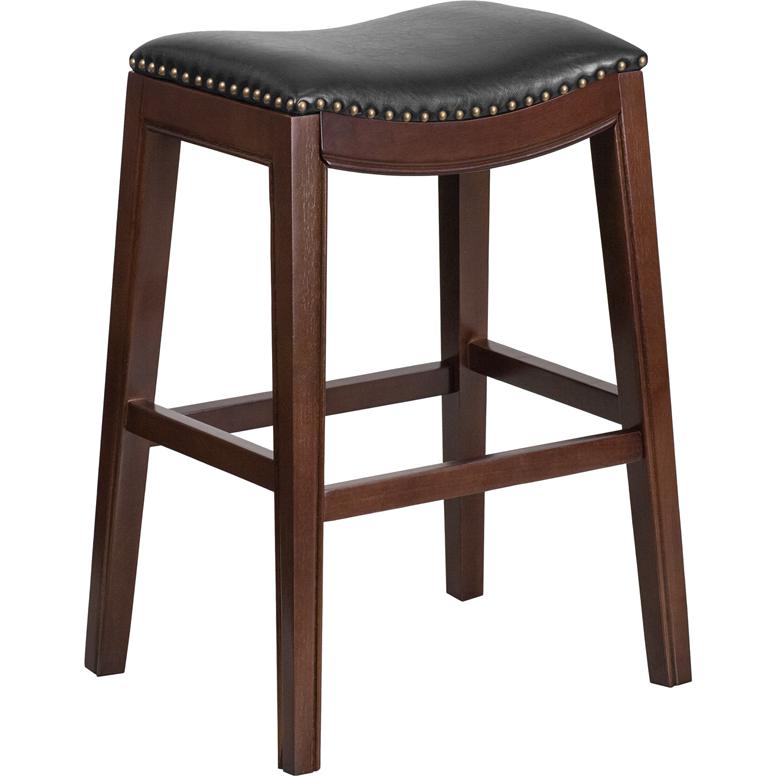 30'' High Backless Cappuccino Wood Barstool with Black LeatherSoft Saddle Seat