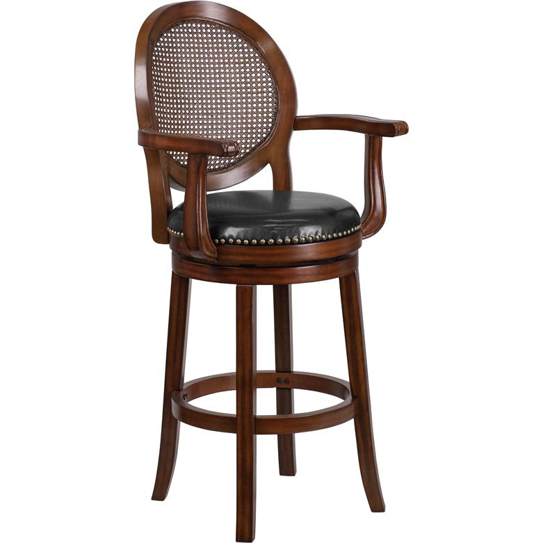 30'' High Expresso Wood Barstool, Woven Rattan Back and Black Swivel Seat