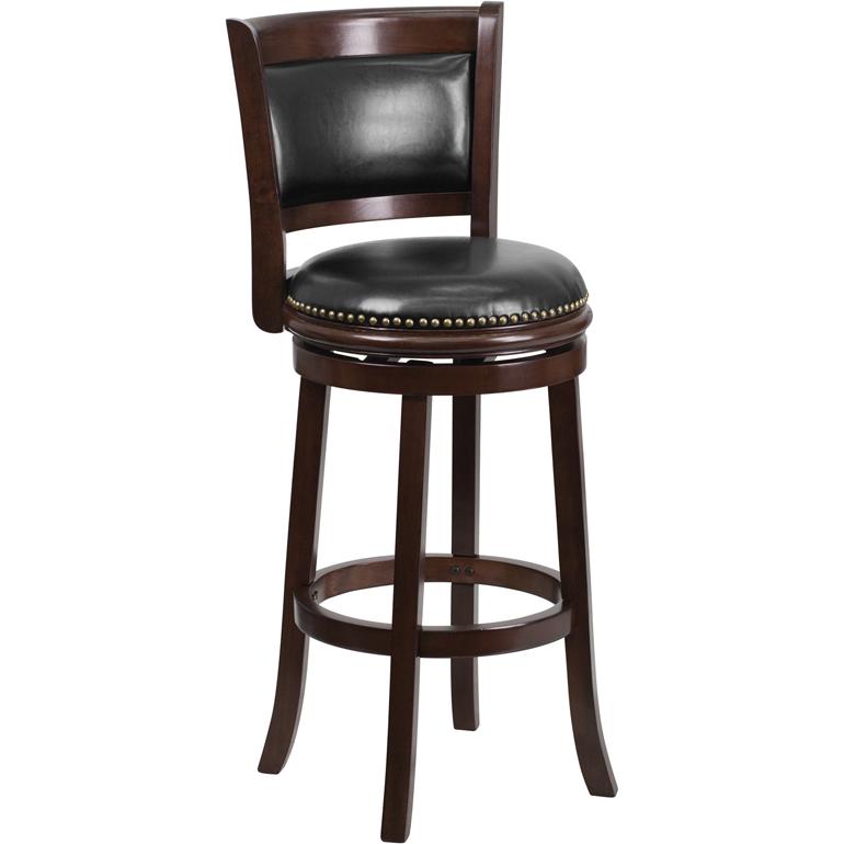 29'' High Cappuccino Wood Barstool with Panel Back and Black Swivel Seat