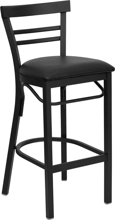 Black Two-Slat Ladder Back Metal Restaurant Barstool - Black Vinyl Seat